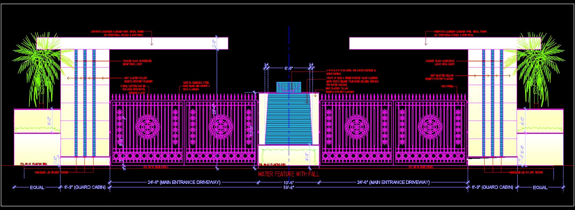 Entrance Gate CAD Design with Waterfall for Township or Commercial